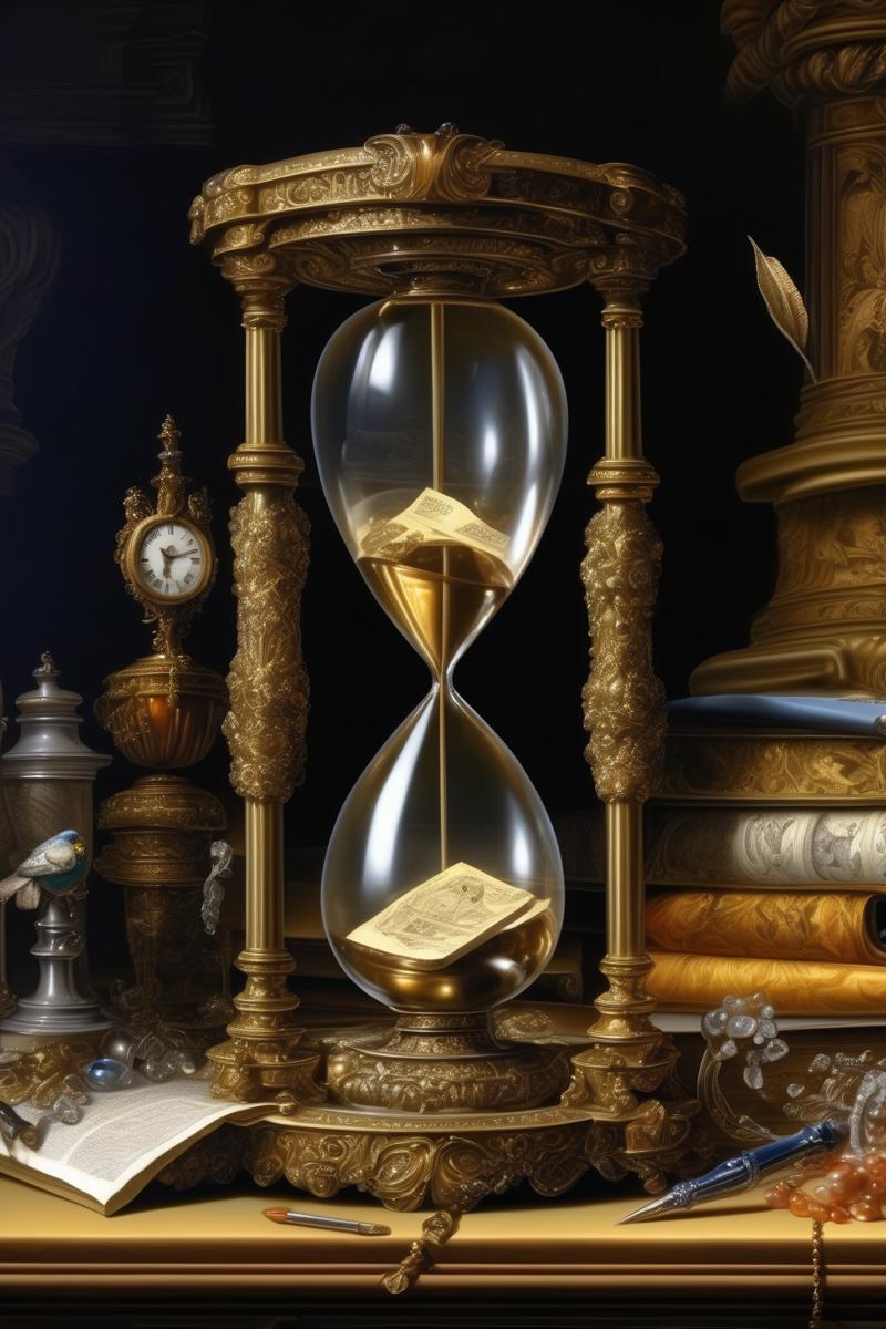 00031-2545584558-_lora_Pieter Claesz Style_1_Pieter Claesz Style - Behold an hourglass of extraordinary detail, its intricate adornments shimmeri.png